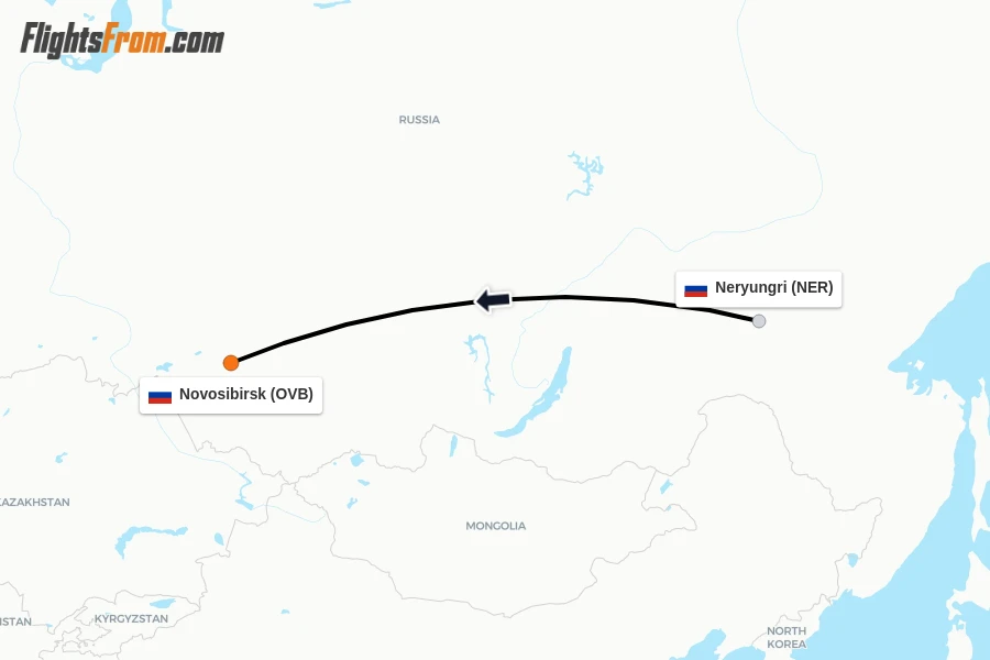 Flights from Neryungri to Novosibirsk route map