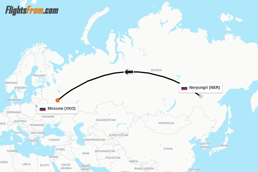 Flights from Neryungri to Moscow route map