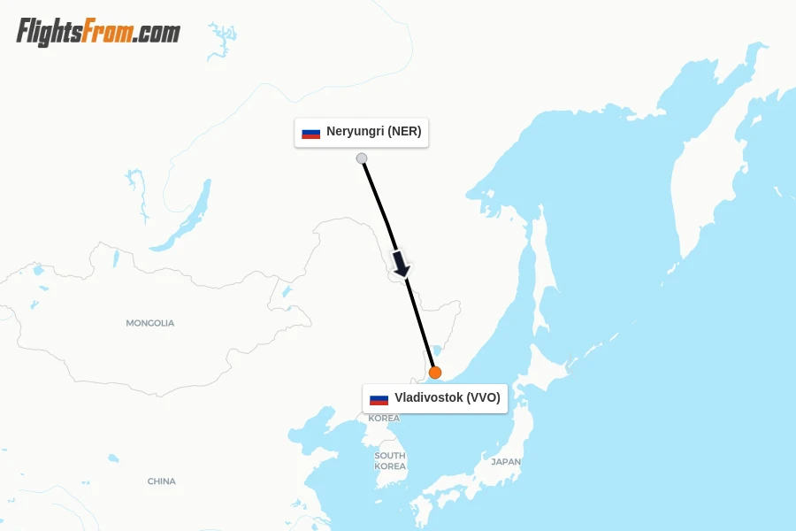 Flights from Neryungri to Vladivostok route map