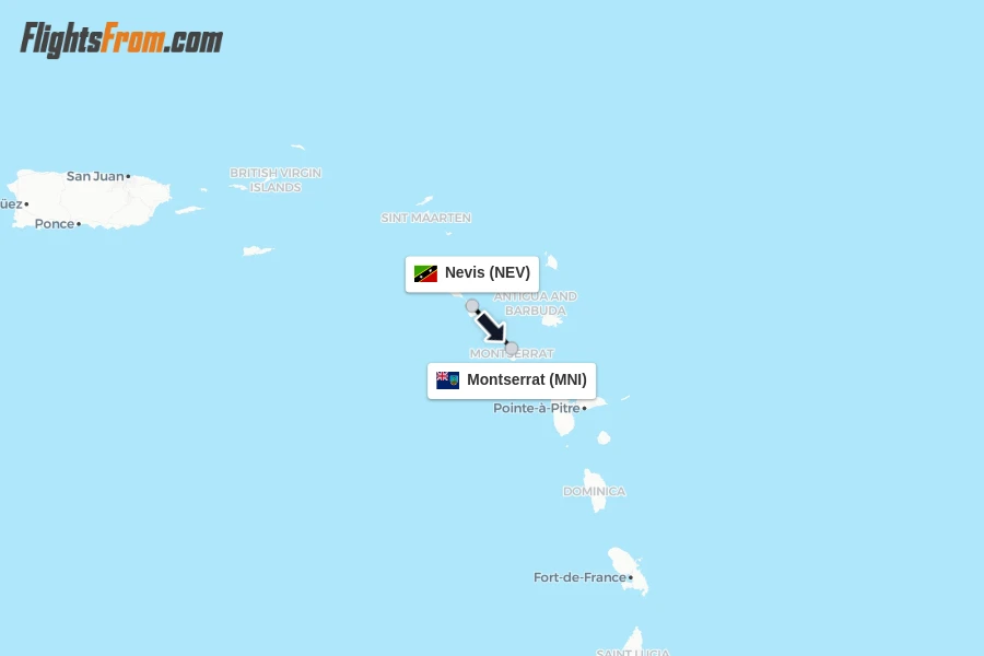 Flights from Nevis to Montserrat route map