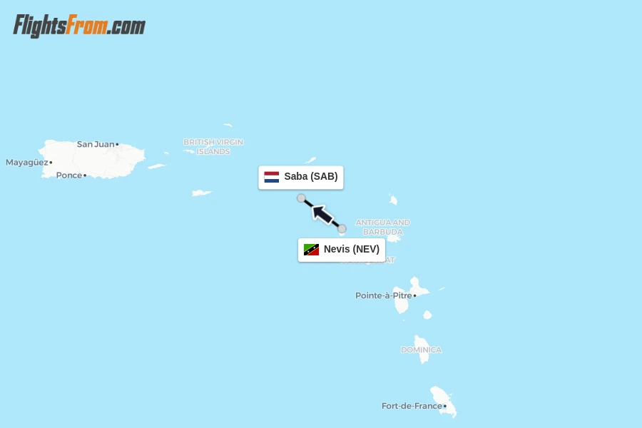 Flights from Nevis to Saba route map