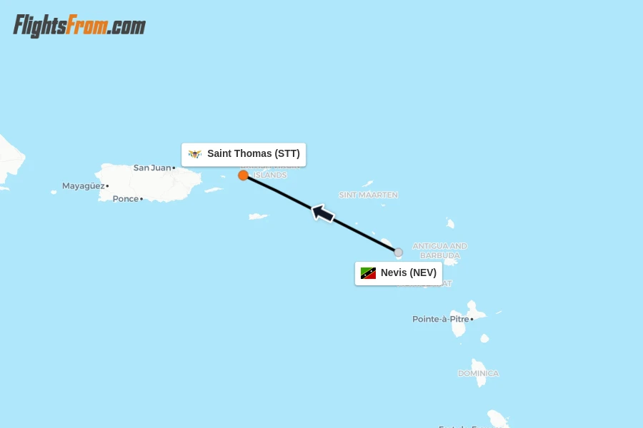 Flights from Nevis to Saint Thomas route map
