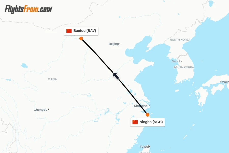 Flights from Ningbo to Baotou route map