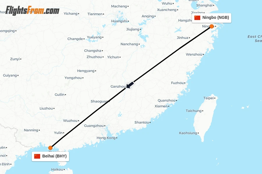 Flights from Ningbo to Beihai route map