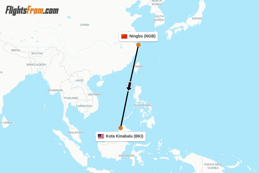 Flights from Ningbo to Kota Kinabalu route map