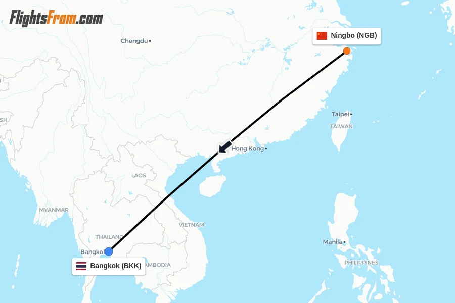 Flights from Ningbo to Bangkok route map