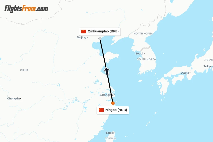 Flights from Ningbo to Qinhuangdao route map