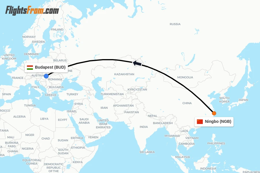 Flights from Ningbo to Budapest route map
