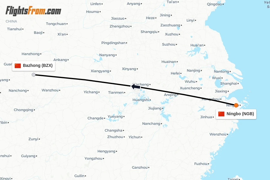 Flights from Ningbo to Bazhong route map