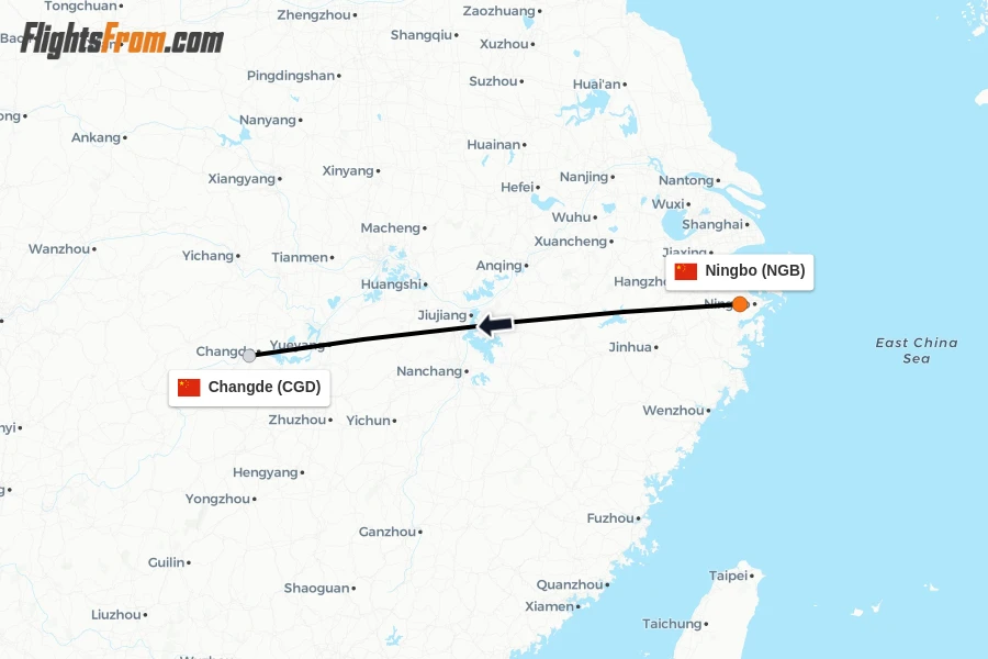 Flights from Ningbo to Changde route map