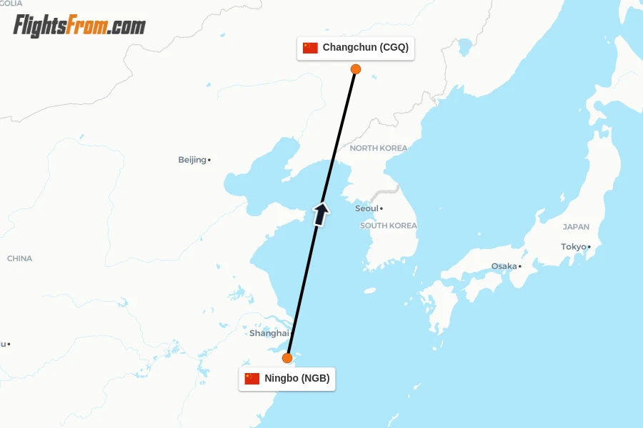 Flights from Ningbo to Changchun route map