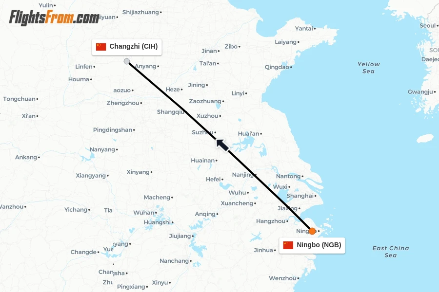 Flights from Ningbo to Changzhi route map
