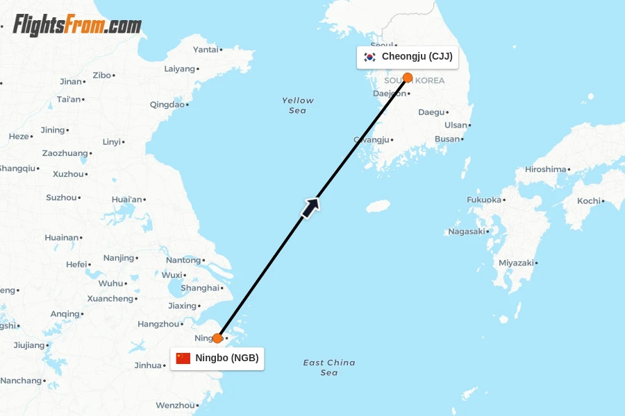 Flights from Ningbo to Cheongju route map