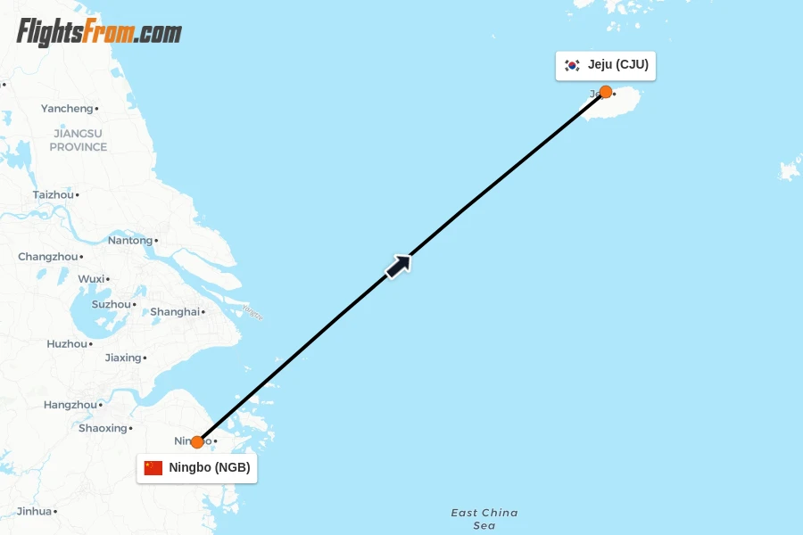 Flights from Ningbo to Jeju route map