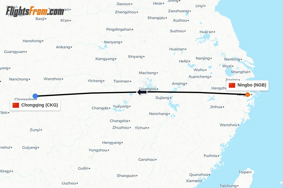 Flights from Ningbo to Chongqing route map