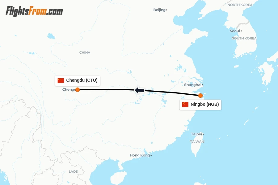 Flights from Ningbo to Chengdu route map