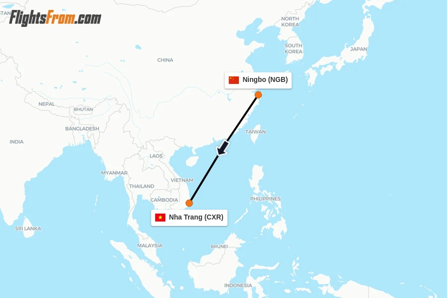 Flights from Ningbo to Nha Trang route map