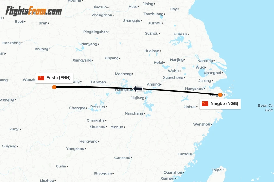 Flights from Ningbo to Enshi route map