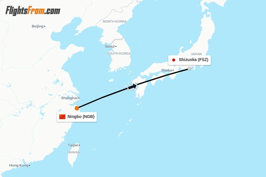 Flights from Ningbo to Shizuoka route map