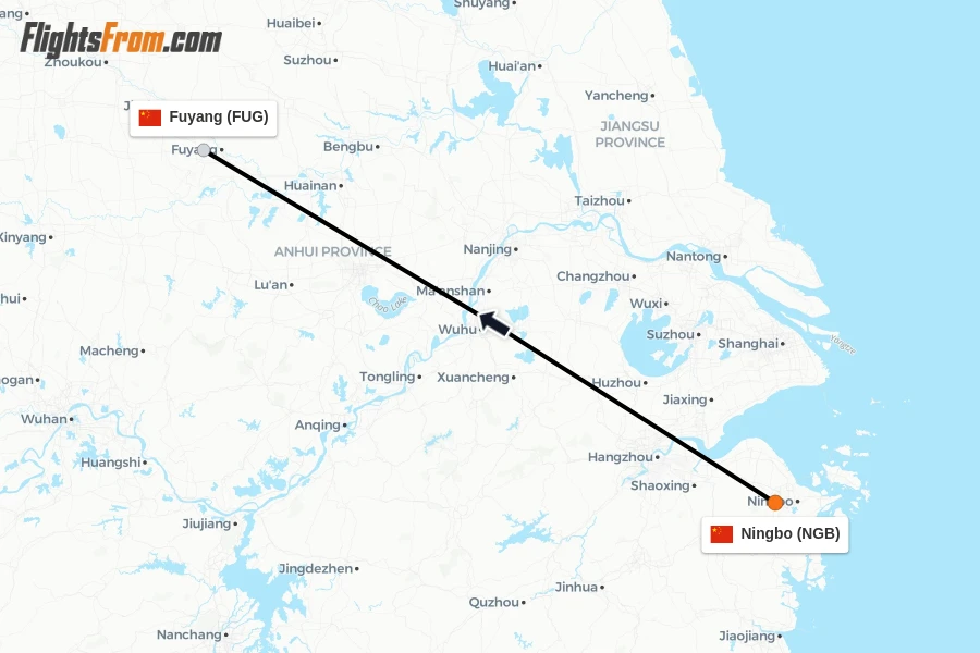 Flights from Ningbo to Fuyang route map