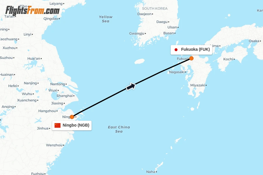 Flights from Ningbo to Fukuoka route map