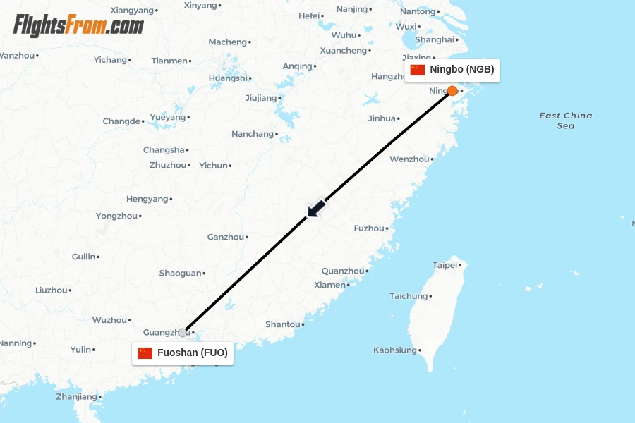 Flights from Ningbo to Fuoshan route map