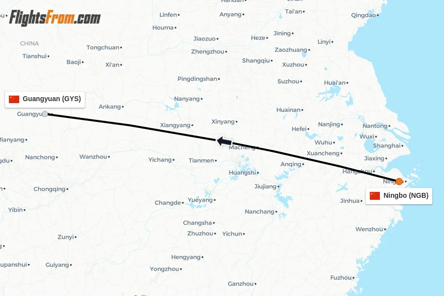 Flights from Ningbo to Guangyuan route map