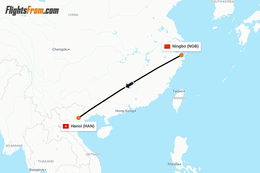 Flights from Ningbo to Hanoi route map