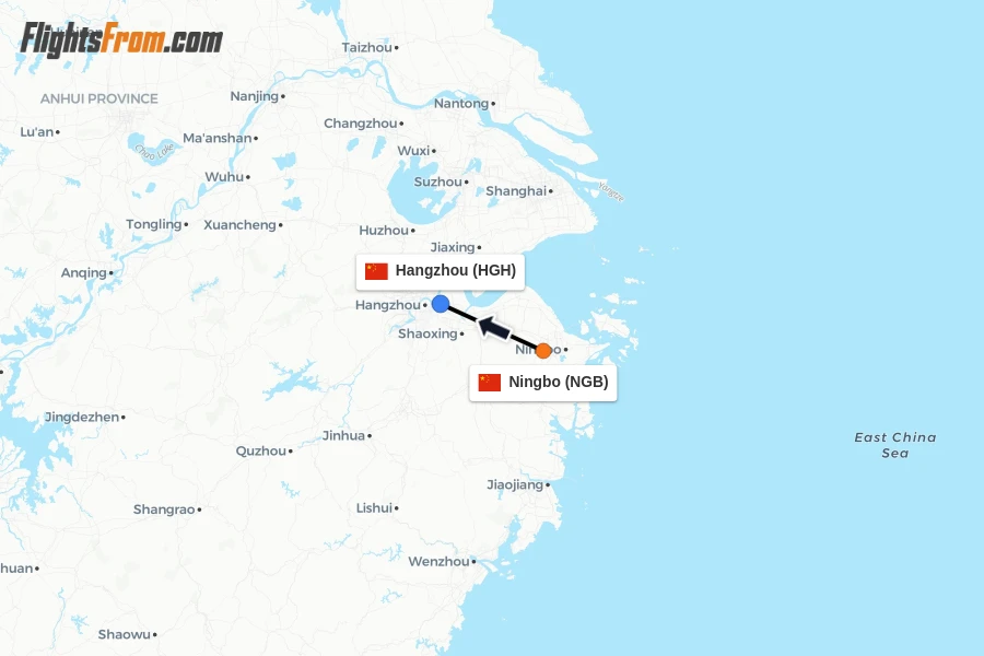 Flights from Ningbo to Hangzhou route map