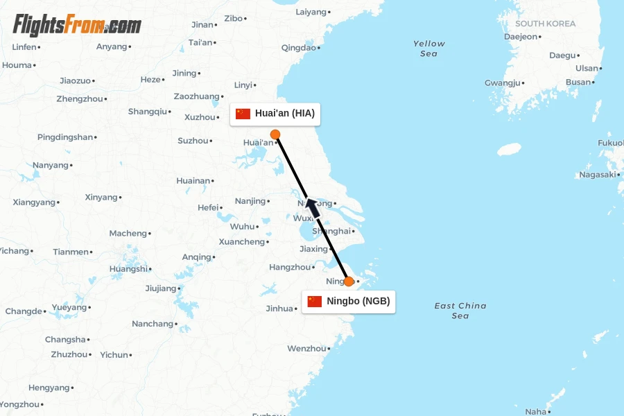 Flights from Ningbo to Huai'an route map