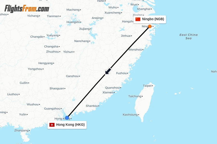 Flights from Ningbo to Hong Kong route map