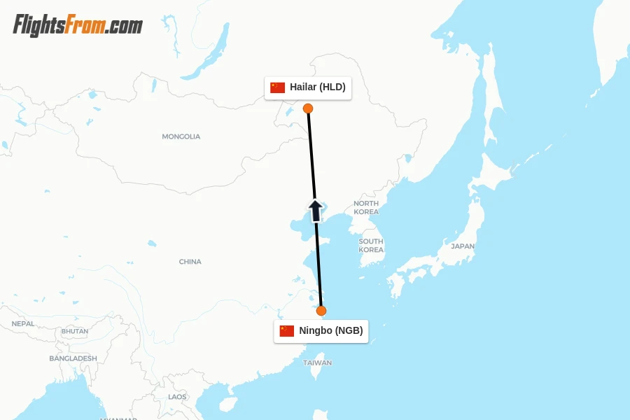 Flights from Ningbo to Hailar route map