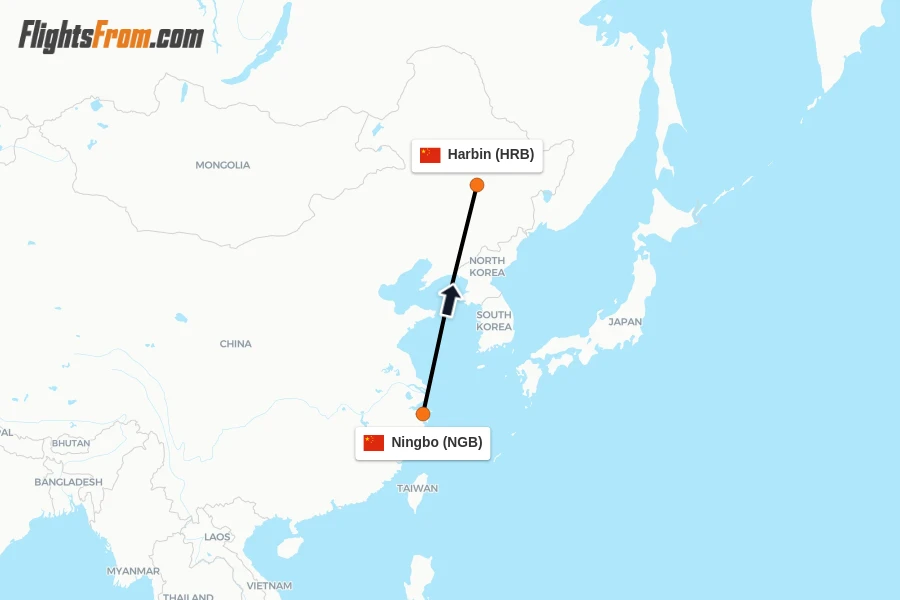 Flights from Ningbo to Harbin route map