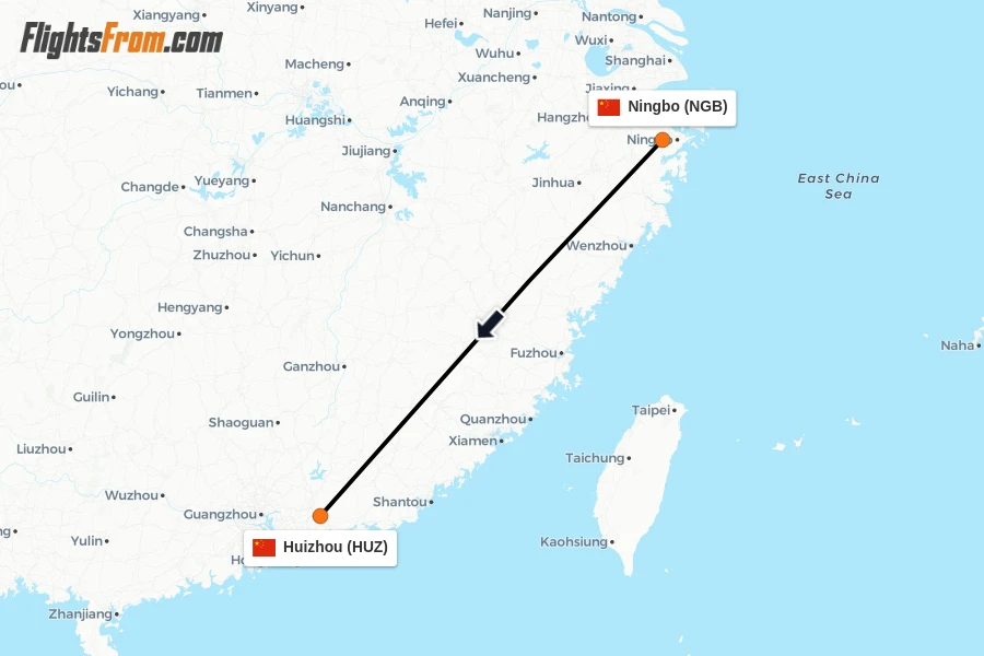 Flights from Ningbo to Huizhou route map