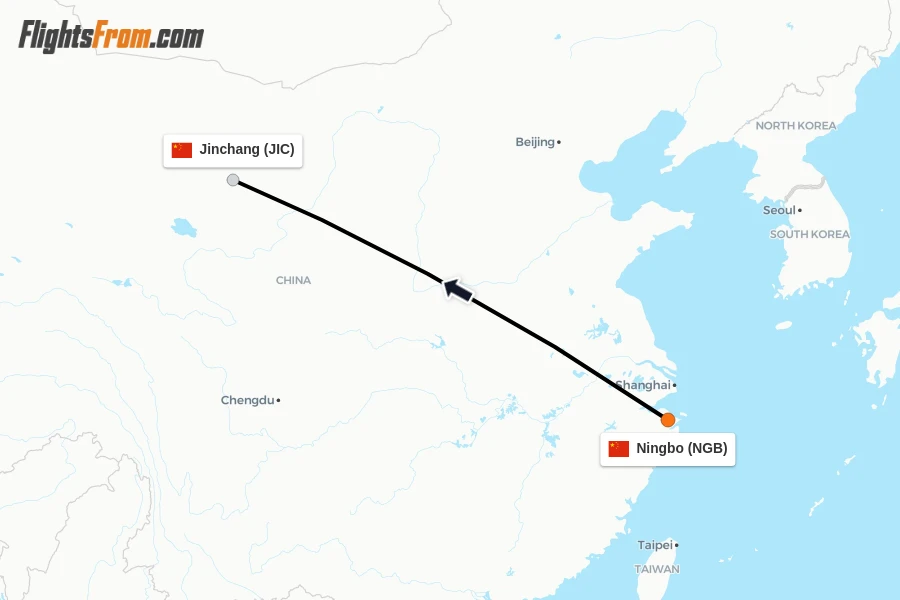 Flights from Ningbo to Jinchang route map
