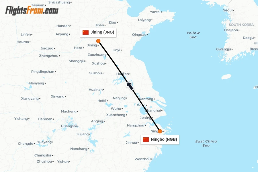 Flights from Ningbo to Jining route map