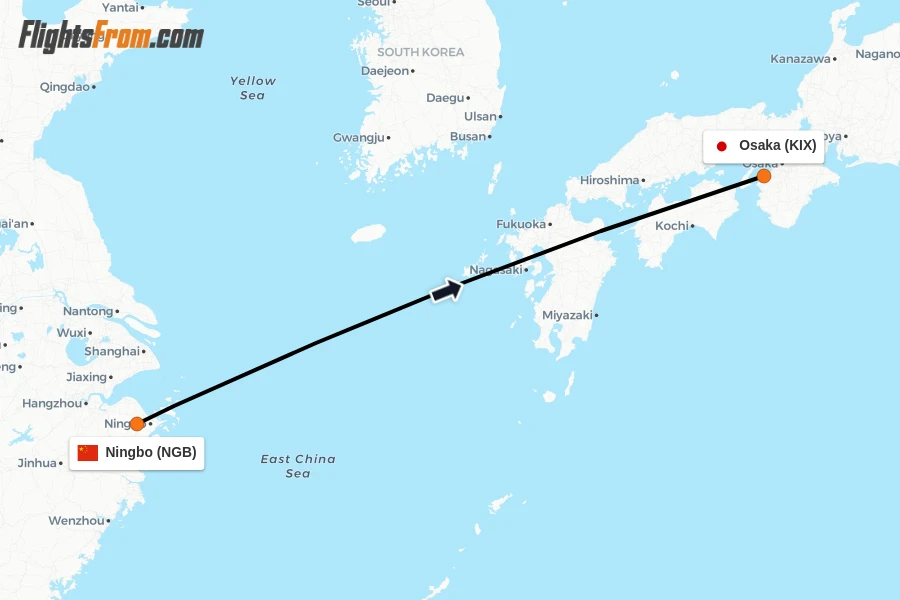 Flights from Ningbo to Osaka route map