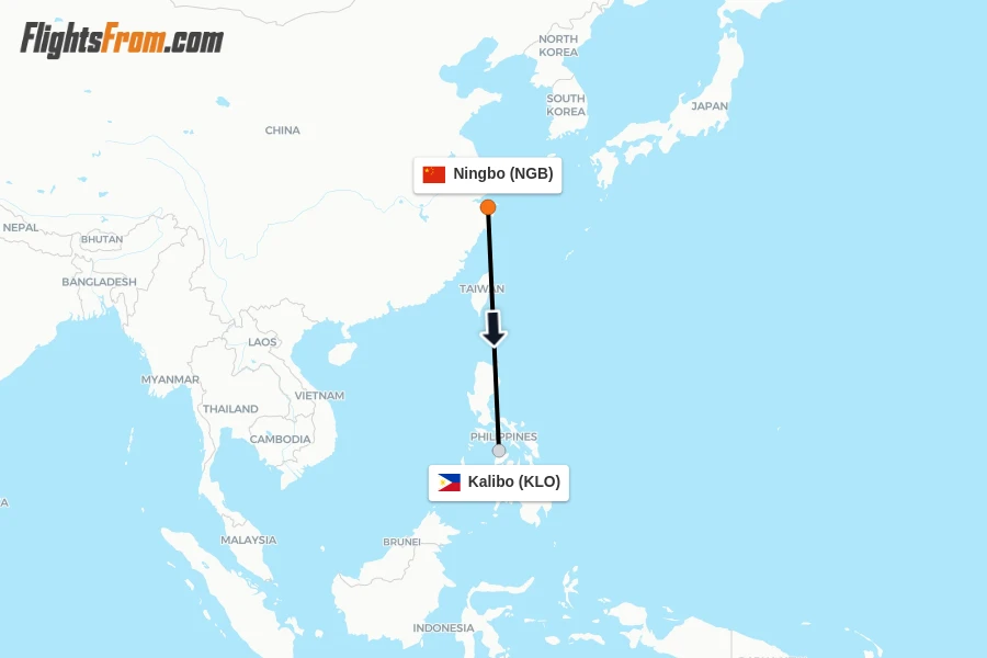 Flights from Ningbo to Kalibo route map