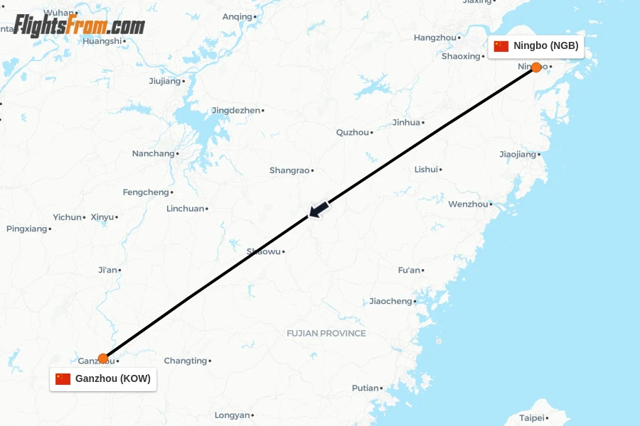 Flights from Ningbo to Ganzhou route map