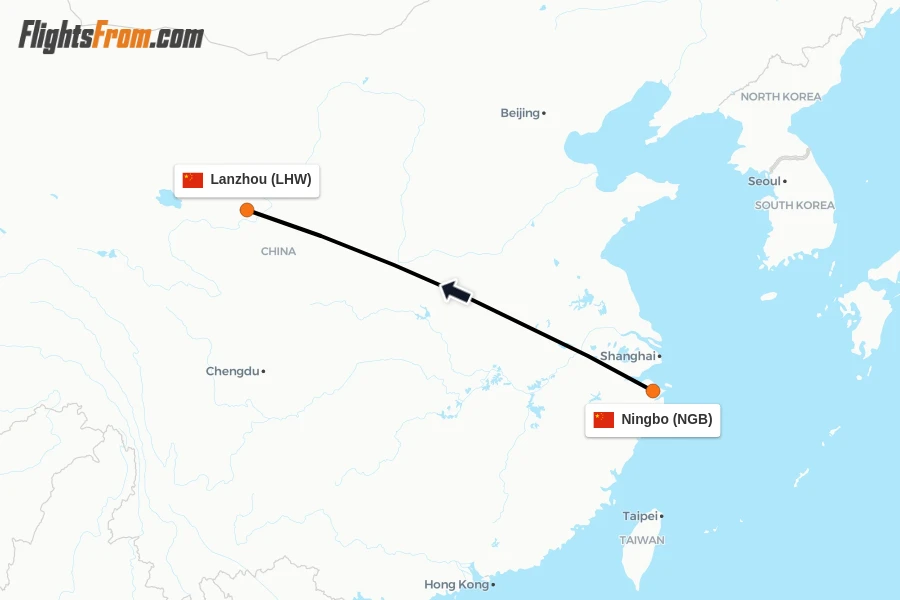 Flights from Ningbo to Lanzhou route map