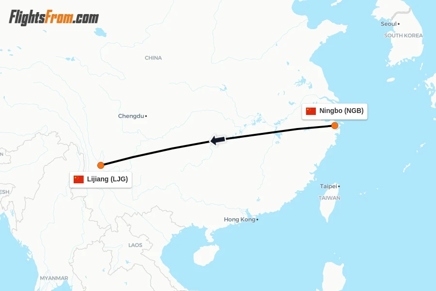 Flights from Ningbo to Lijiang route map