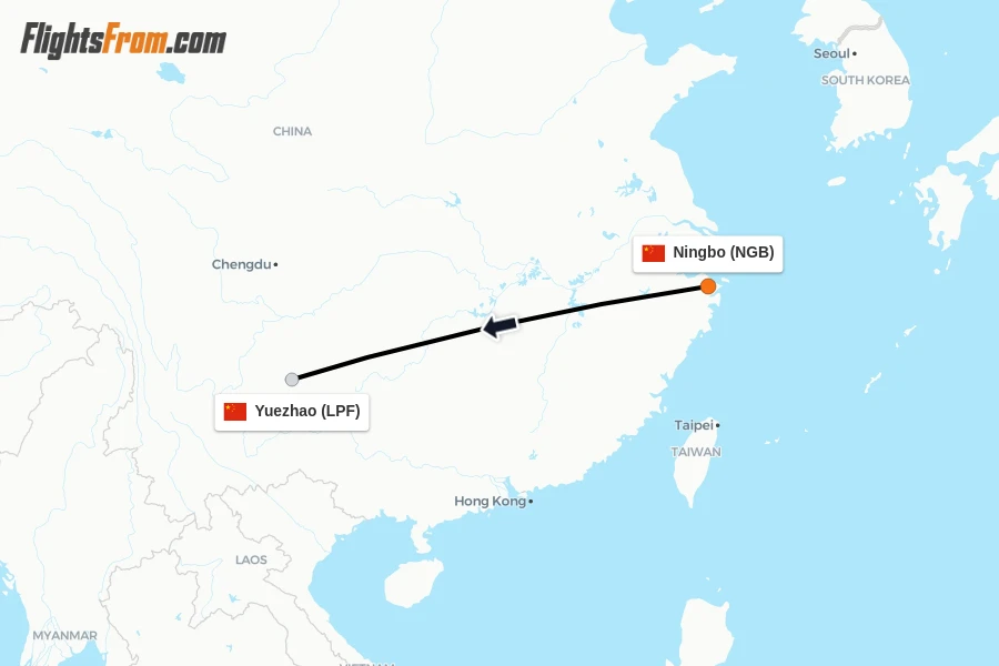 Flights from Ningbo to Yuezhao route map