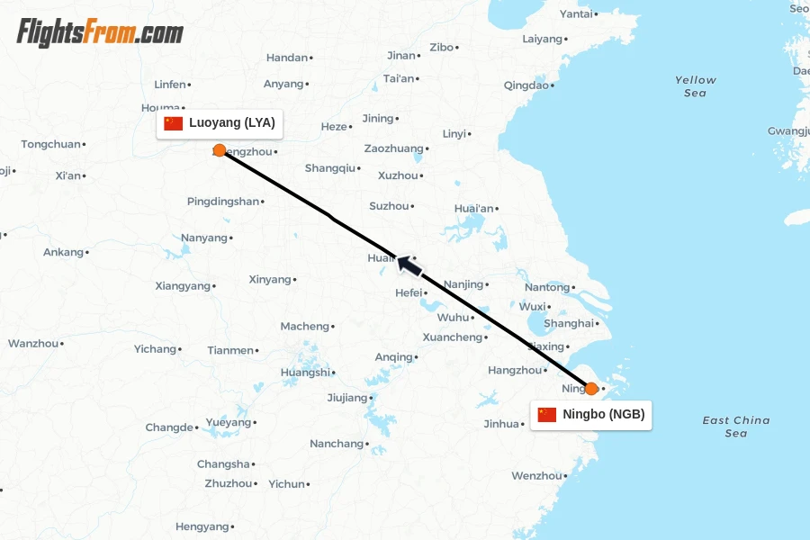 Flights from Ningbo to Luoyang route map
