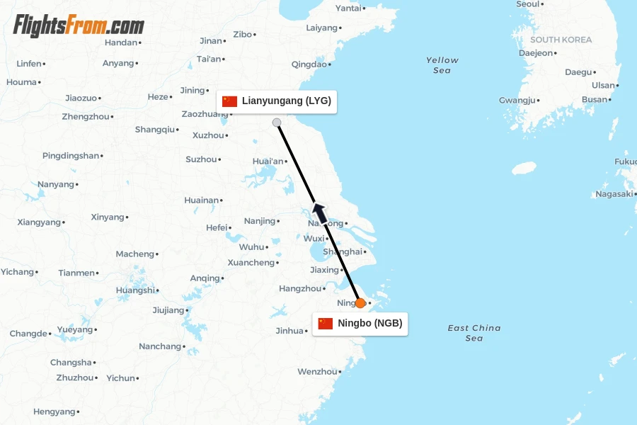 Flights from Ningbo to Lianyungang route map