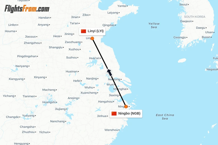 Flights from Ningbo to Linyi route map