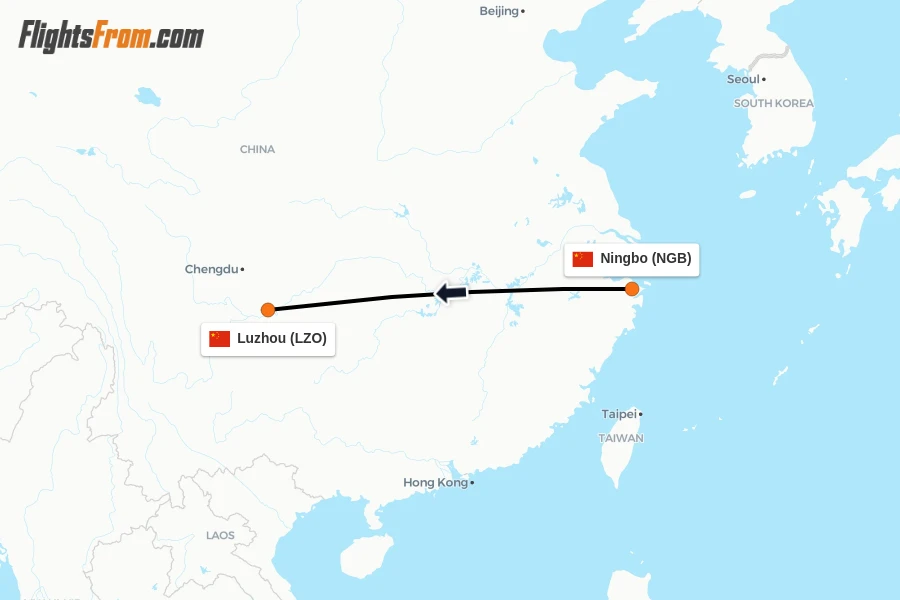 Flights from Ningbo to Luzhou route map