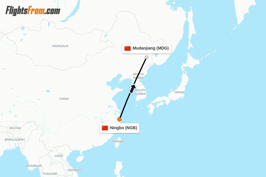 Flights from Ningbo to Mudanjiang route map