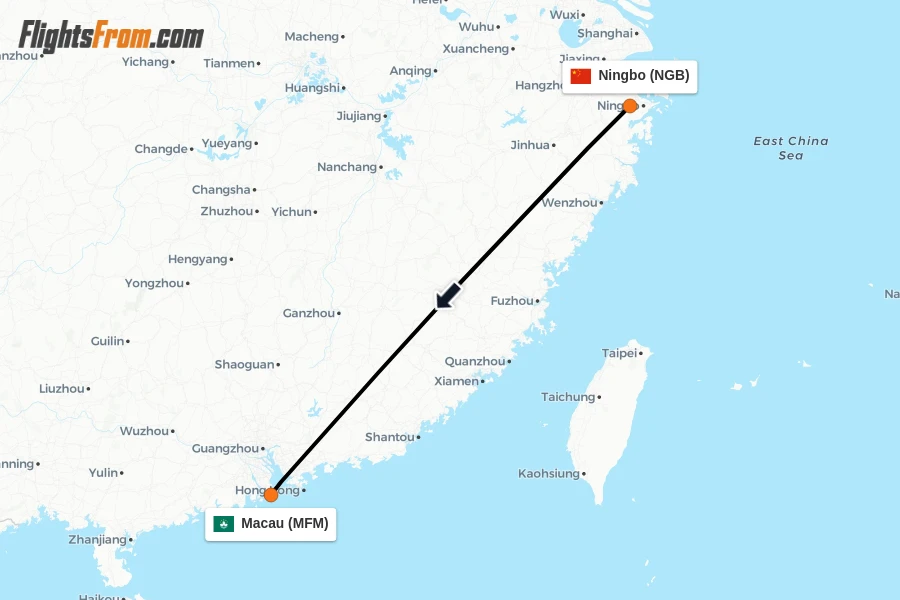 Flights from Ningbo to Macau route map