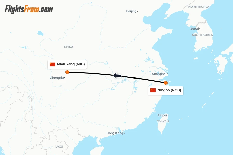 Flights from Ningbo to Mian Yang route map