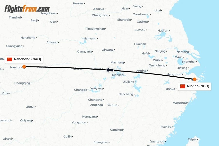 Flights from Ningbo to Nanchong route map